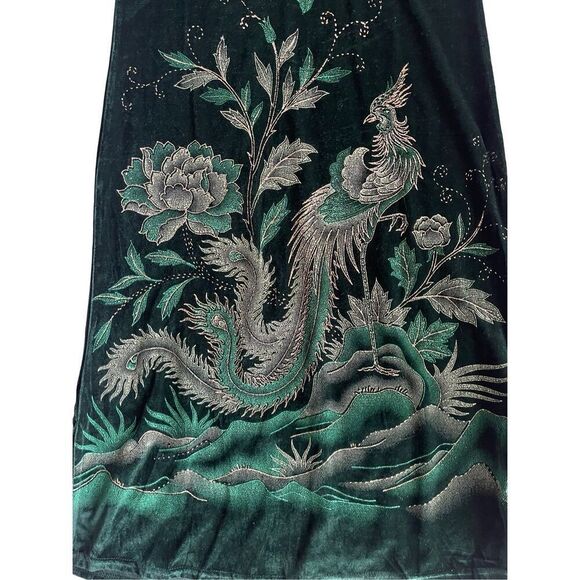 Vintage velour 70s 80s green sparkly peacock and Lotus flower maxi house dress - Picture 3 of 6